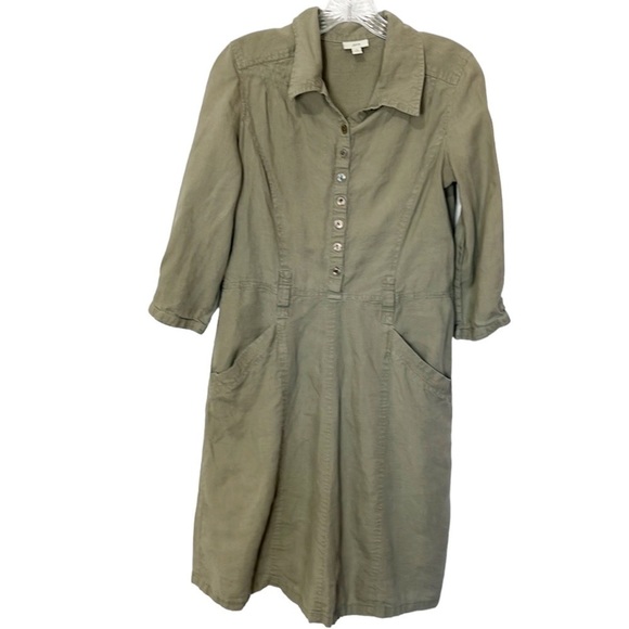 J. Jill Dresses & Skirts - J. Jill Women Dress‎ 100% Linen Size 4 Kha Tan Green Popover 3/4 Sleeve Pockets